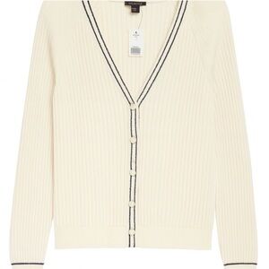 Talbots Cream Pearl Button-Up Cardigan with Black Trim